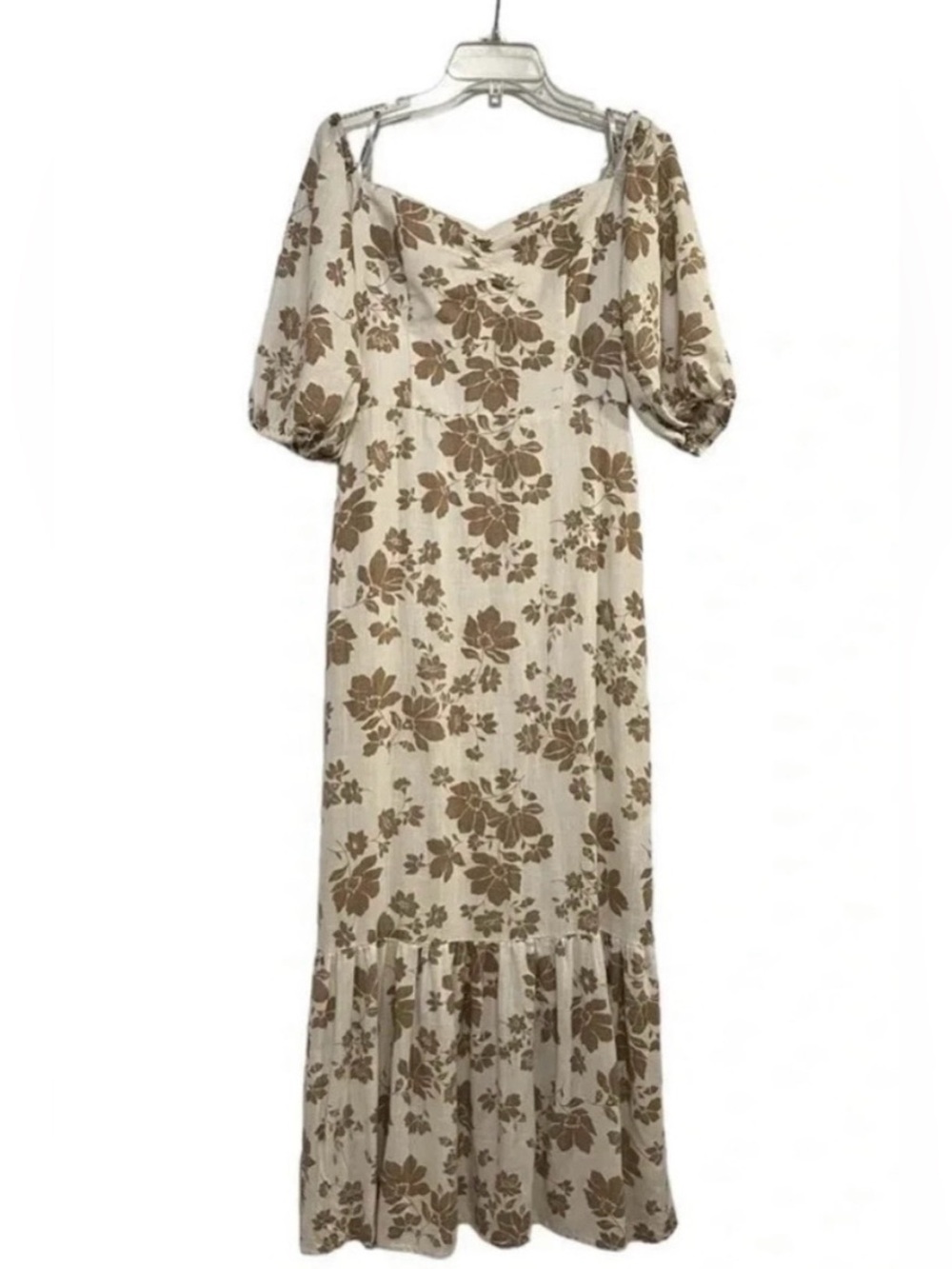 Studio F Floral Off Shoulder Maxi Dress Khaki Cream Sz 6